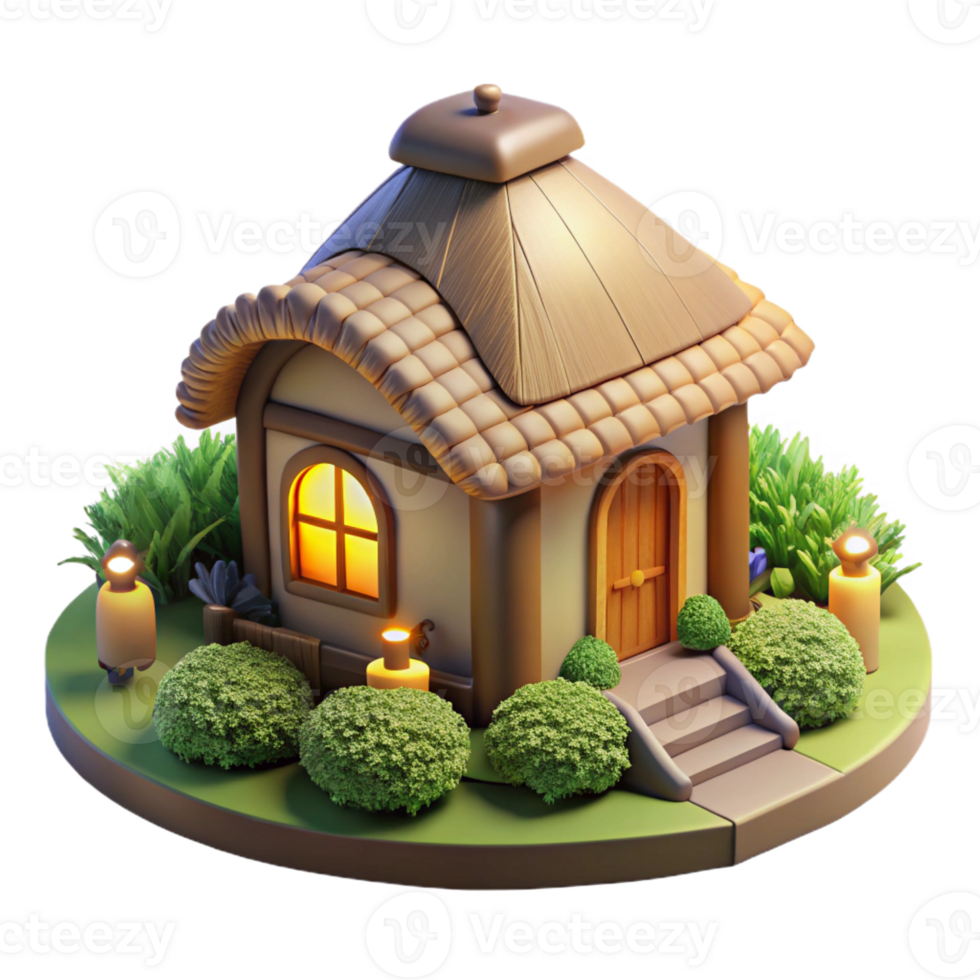 magnificent minimalist A traditional thatched-roof cottage, surrounded by a lush garden, soft, warm lighting, idyllic style high quality png