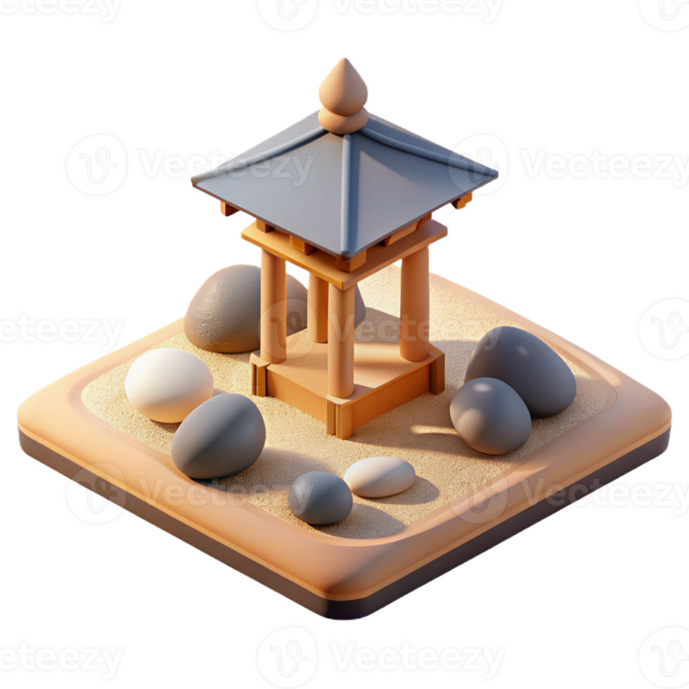 dramatic traditional A serene Zen garden with a minimalist pavilion, raked gravel and carefully placed rocks, soft, natural lighting high quality png
