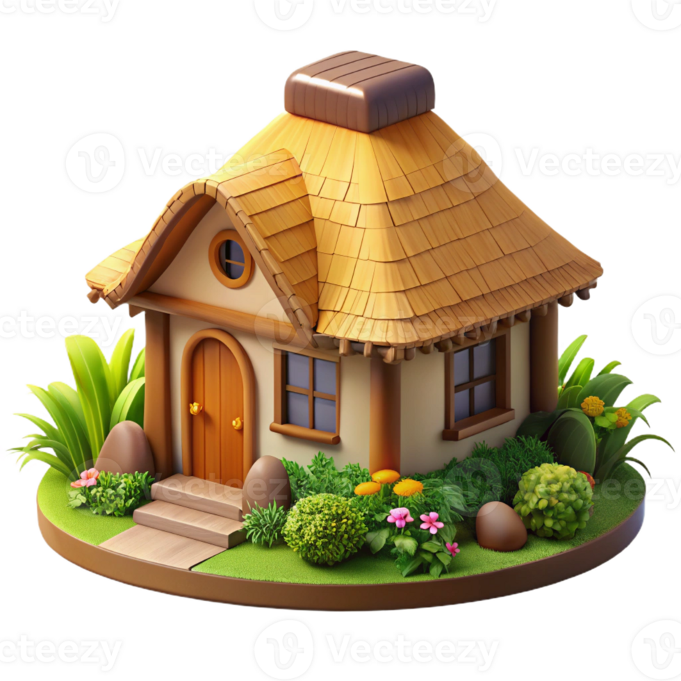impressive classic A traditional thatched-roof cottage, surrounded by a lush garden, soft, warm lighting, idyllic style exclusive png