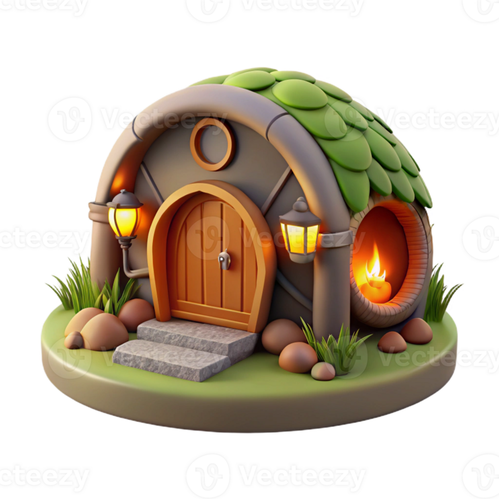 wonderful modern A cozy hobbit hole built into a hillside, warm firelight flickering within, fantasy art genuine png