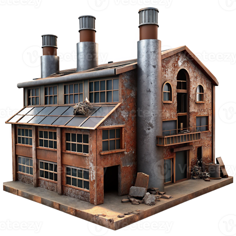 impressive vintage A dilapidated industrial factory, rusty metal and broken windows, gritty, realistic style high resolution png