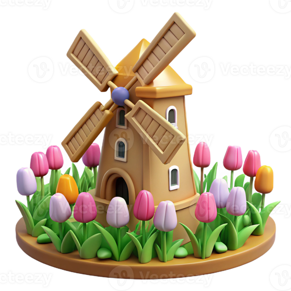 beautiful classic A traditional windmill standing in a field of tulips, bright, cheerful lighting, idyllic style authentic png