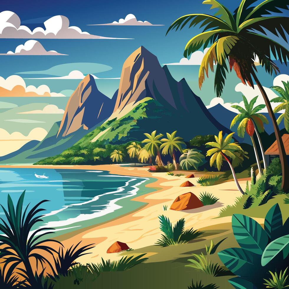 tropical beach with palm trees and mountains. vector