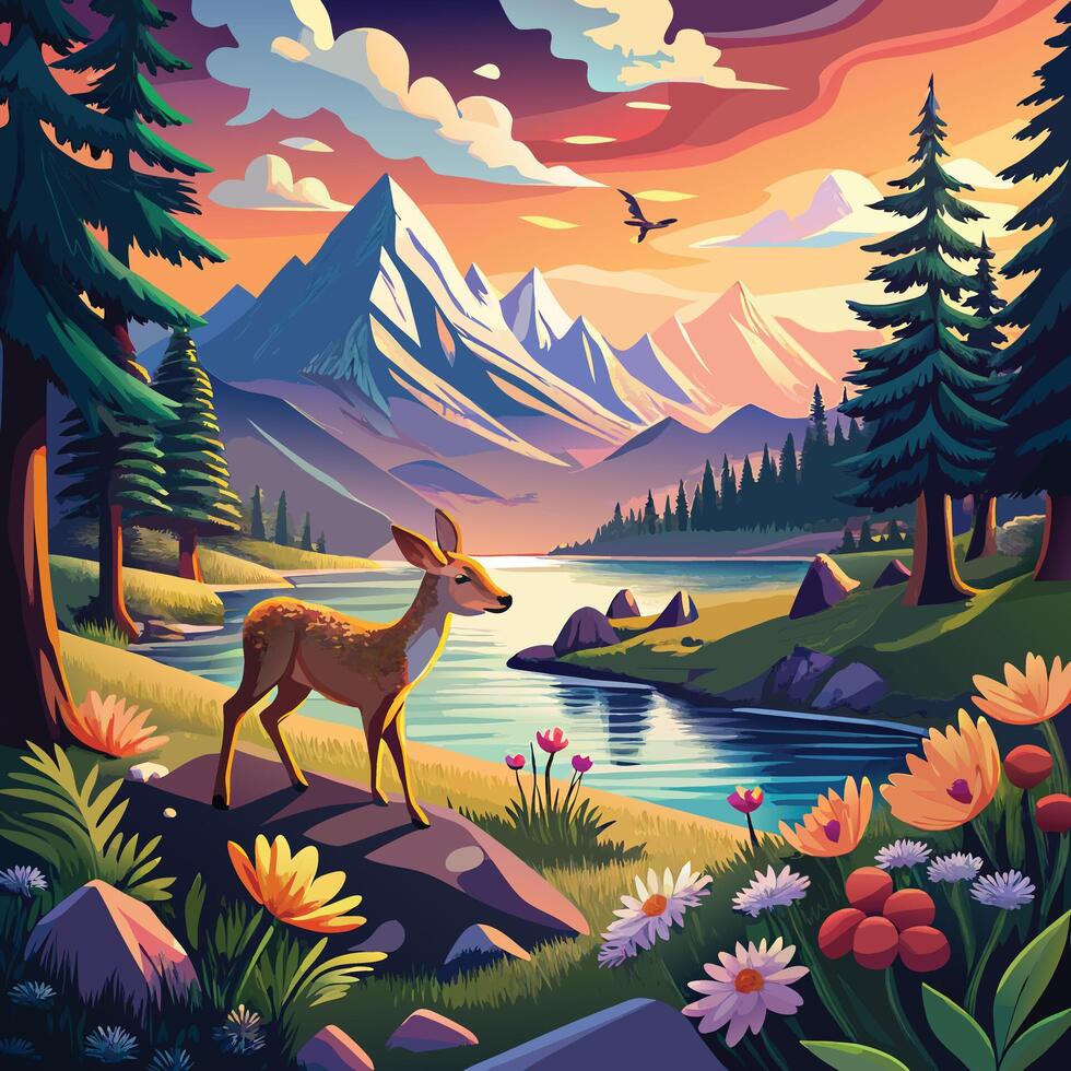 a painting of a deer in the mountains with flowers and trees. vector