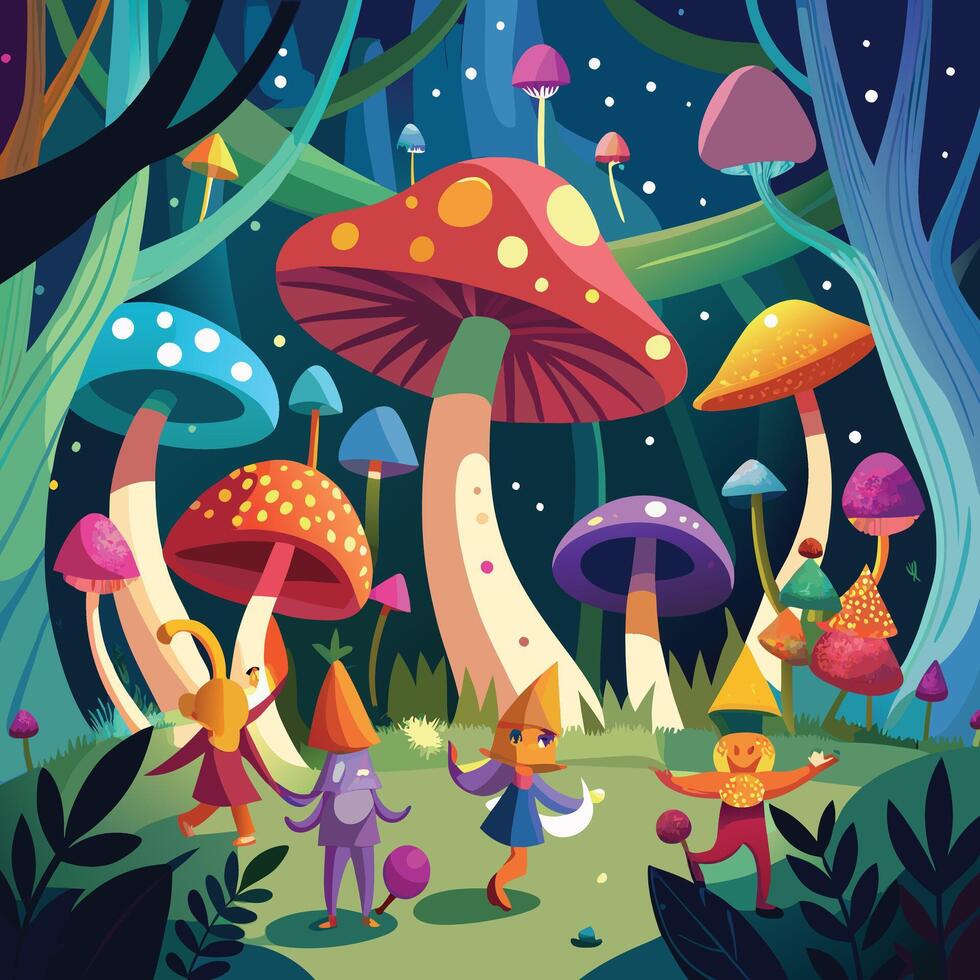 cartoon illustration of a forest with mushrooms and other creatures vector