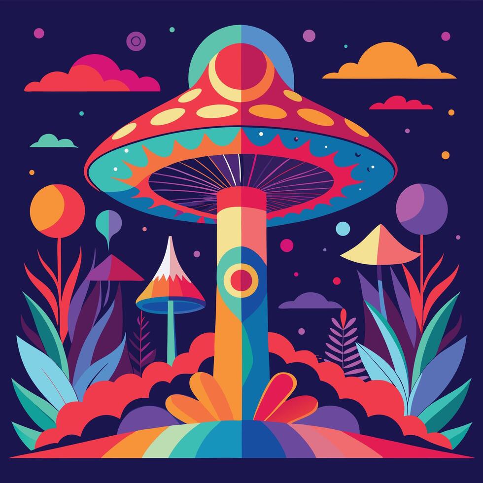 a psychedelic mushroom with colorful mushrooms and plants vector