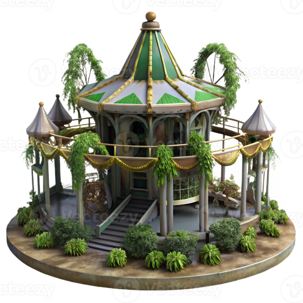 wonderful traditional An abandoned amusement park, overgrown with weeds and vines, eerie, surreal lighting, horror style high quality png