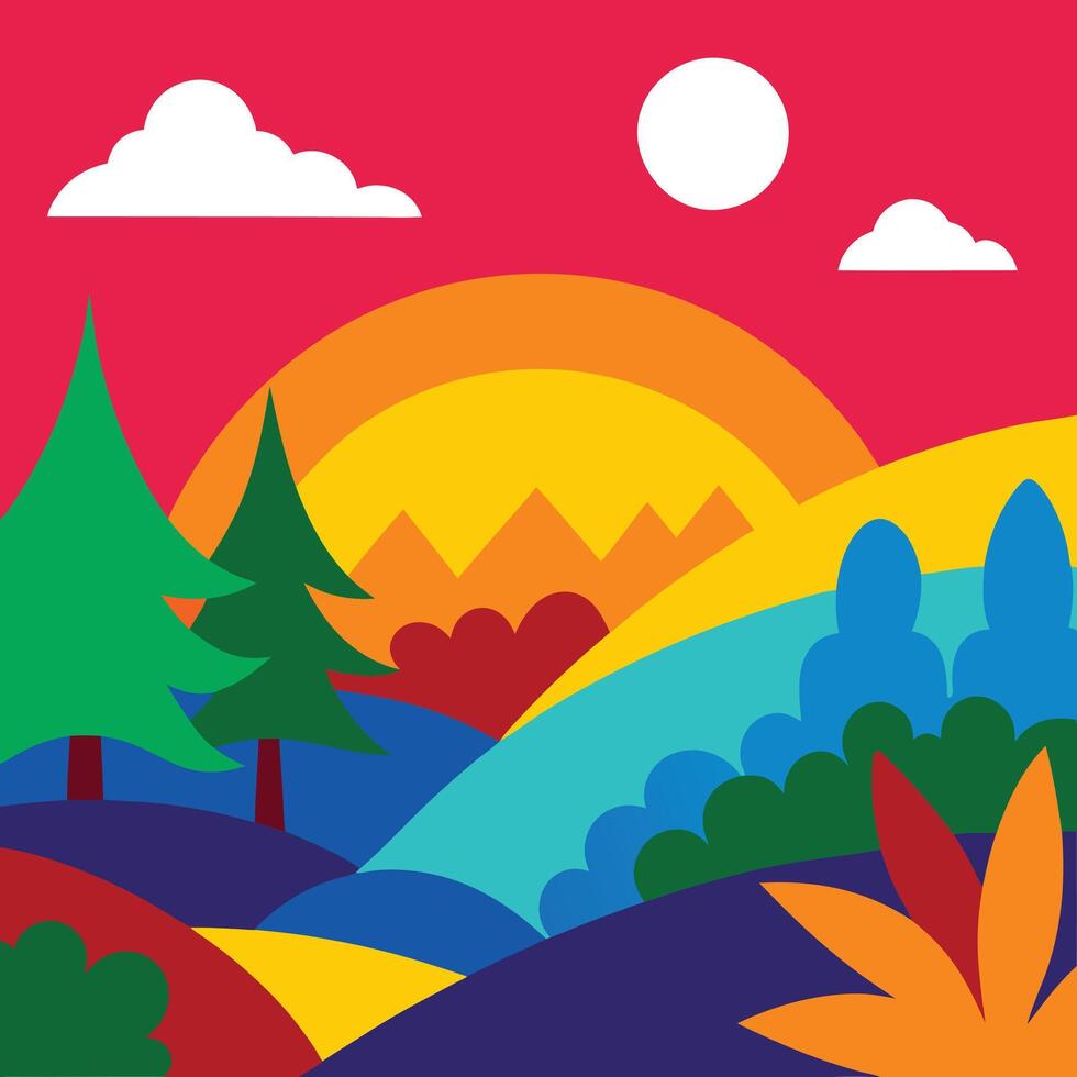 colorful landscape with trees and sun vector