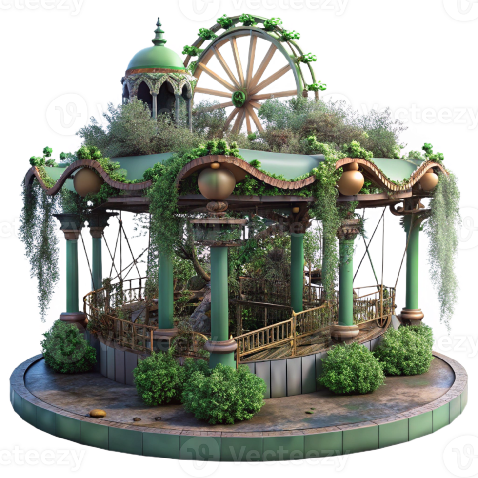 beautiful artistic An abandoned amusement park, overgrown with weeds and vines, eerie, surreal lighting, horror style high quality png