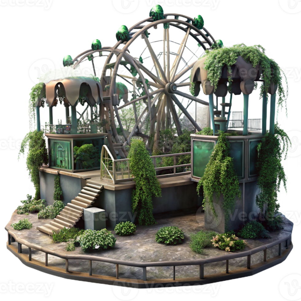serene abstract An abandoned amusement park, overgrown with weeds and vines, eerie, surreal lighting, horror style original png