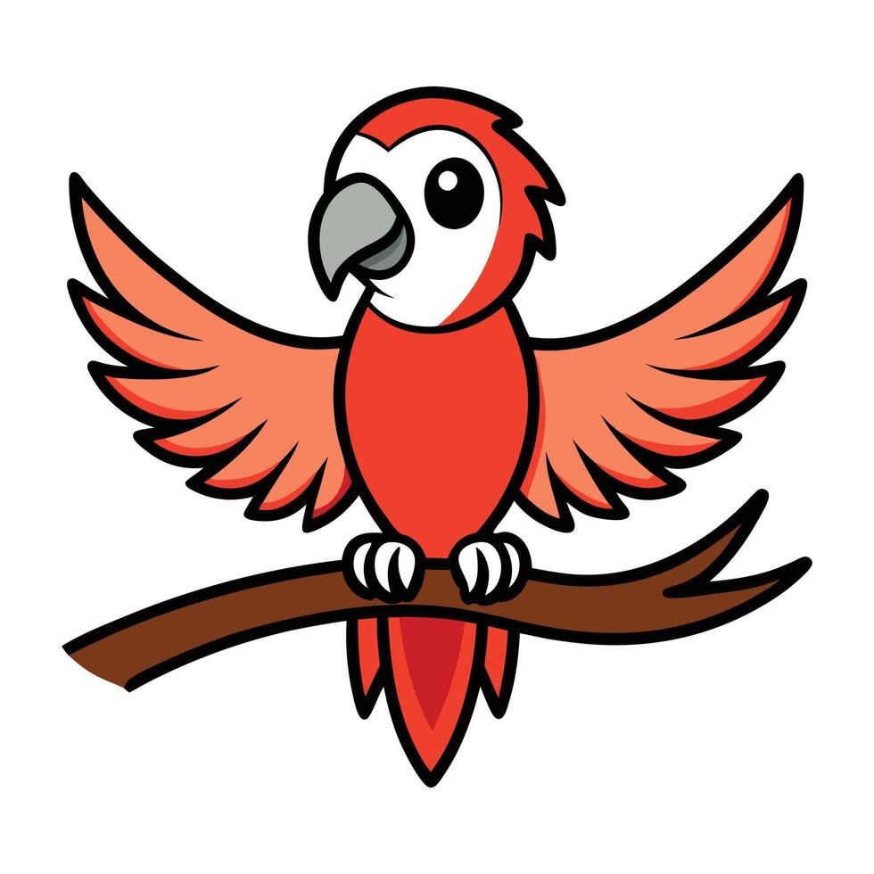 a cartoon red parrot sitting on a branch. vector