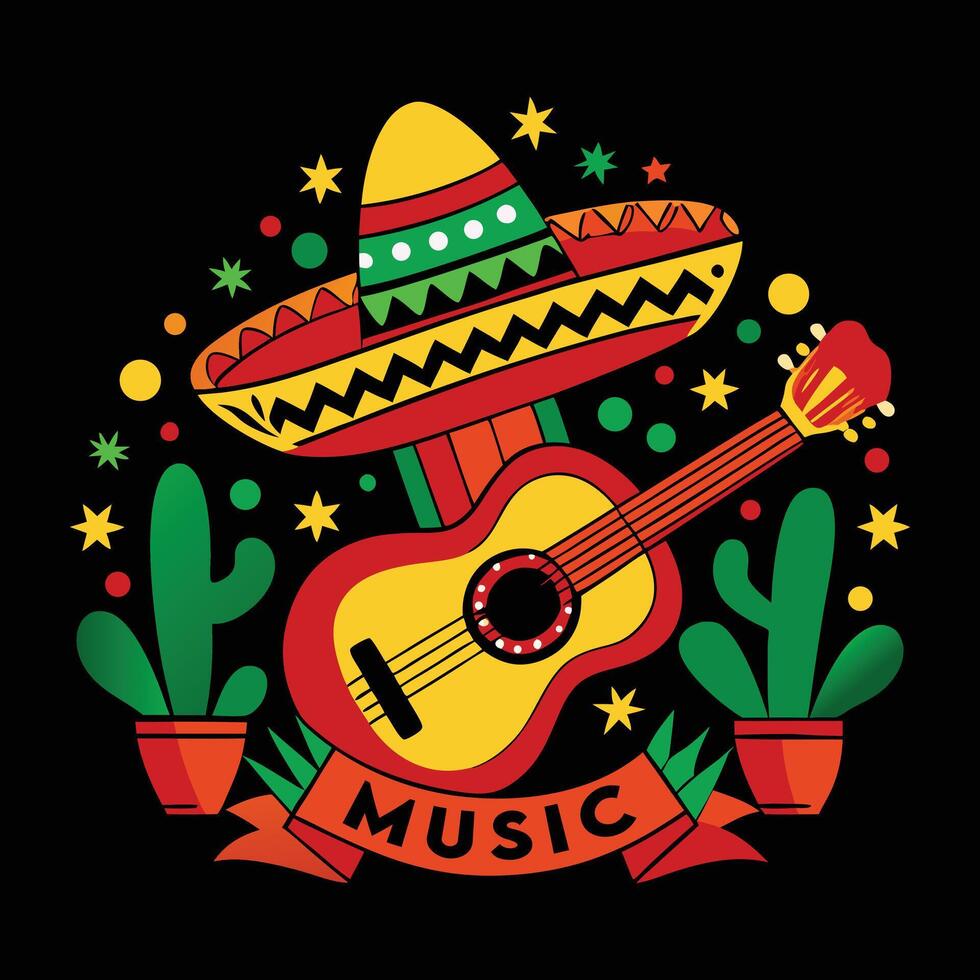 Mexican music logo with guitar and cactus vector