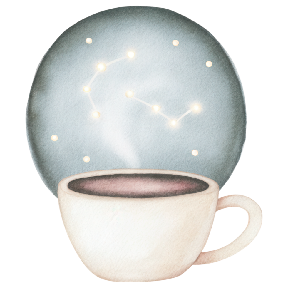Zodiac Coffee Lovers clipart, cozy coffee cup with constellation floating above, creating dreamy atmosphere png
