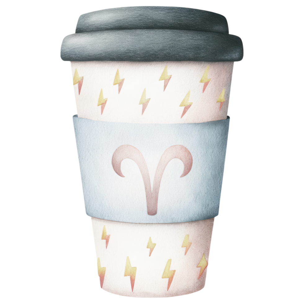 Zodiac Coffee Lovers clipart, whimsical coffee cup design featuring lightning bolts and Aries symbol png