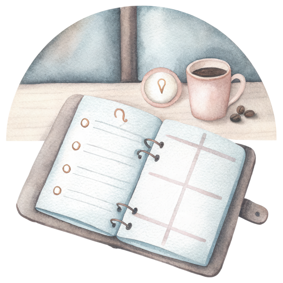 Zodiac Coffee Lovers clipart, cozy planner setup with coffee cup and open pages png