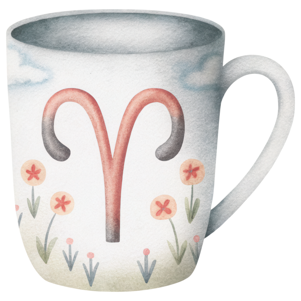 Zodiac Coffee Lovers clipart, whimsical coffee mug featuring Aries symbol and floral patterns png
