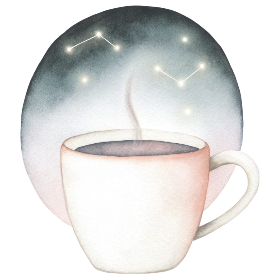 Zodiac Coffee Lovers clipart, steaming coffee cup with glowing constellation above it, creating serene atmosphere png