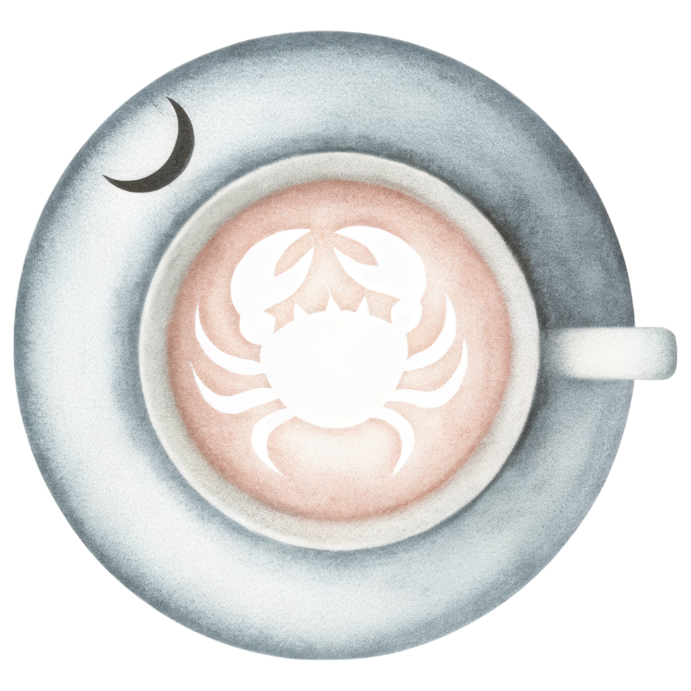 Zodiac Coffee Lovers clipart, latte art design featuring crab and crescent moon in cup png