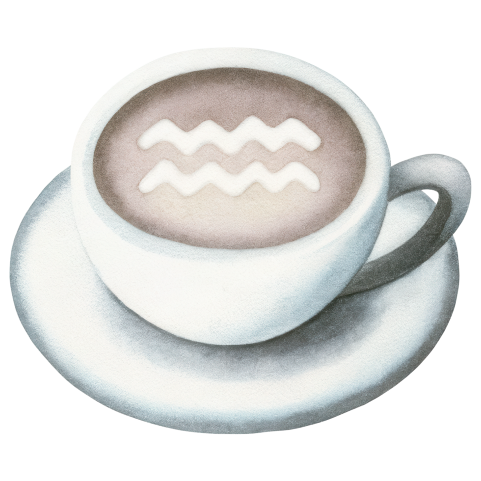 Zodiac Coffee Lovers clipart, latte art design featuring Aquarius symbol in white cup png
