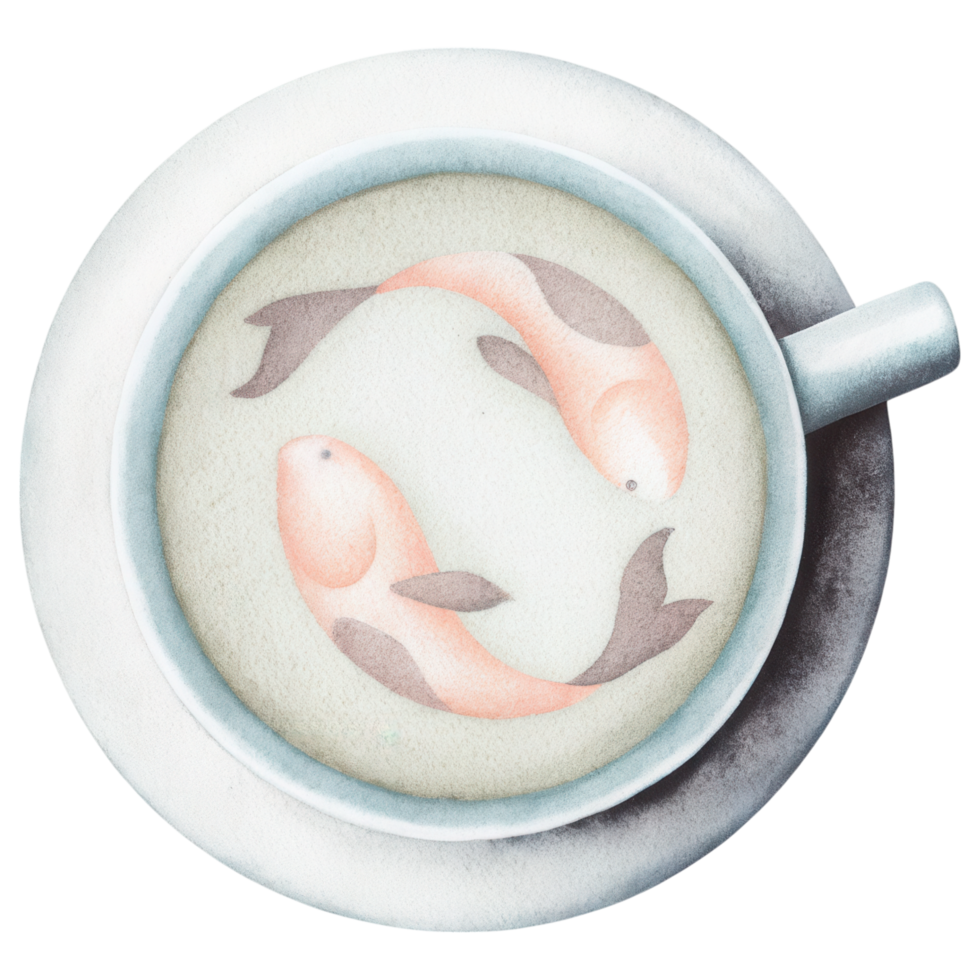 Zodiac Coffee Lovers clipart, Koi fish latte art in cup, showcasing intricate design and colors png