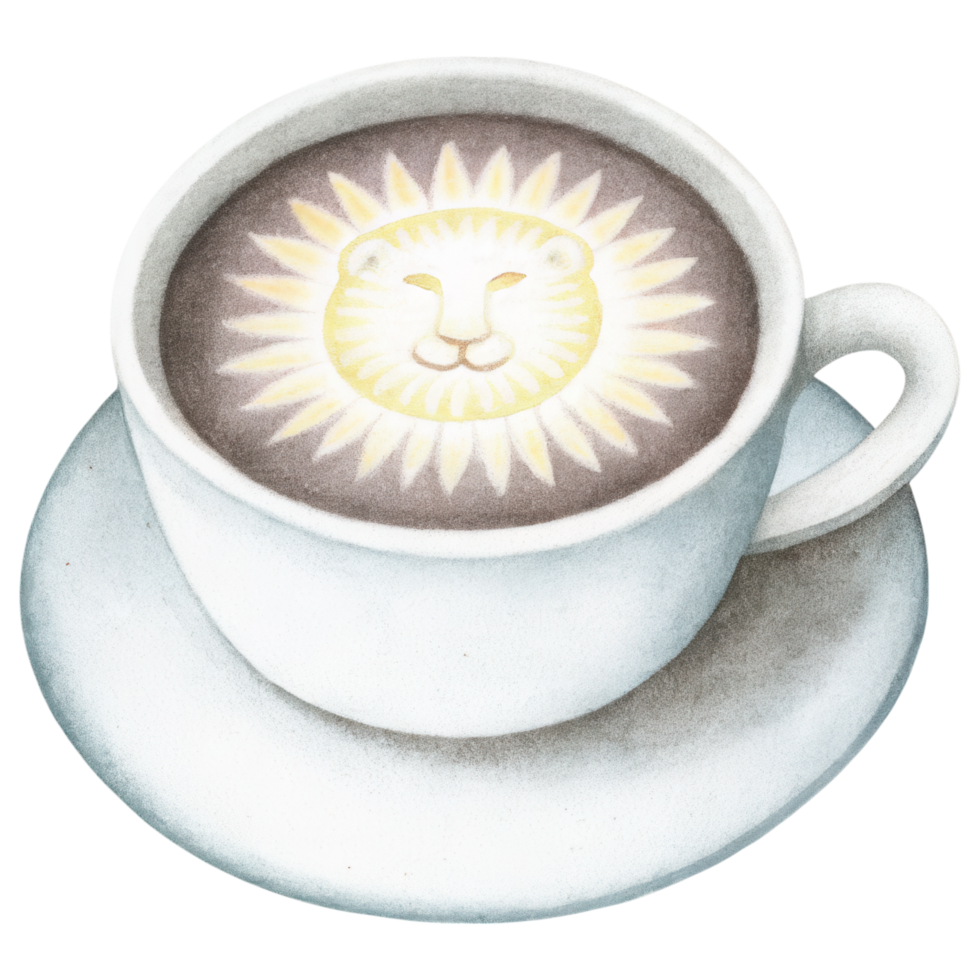 Zodiac Coffee Lovers clipart, whimsical coffee art featuring lion sunburst design in cup png