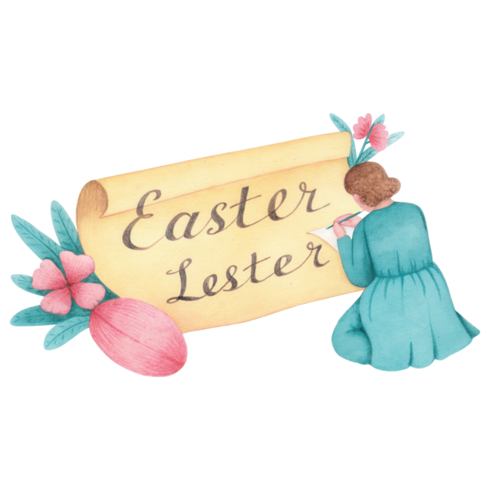 Easter letter with floral design and woman writing clipart Photo isolated on transparency background png