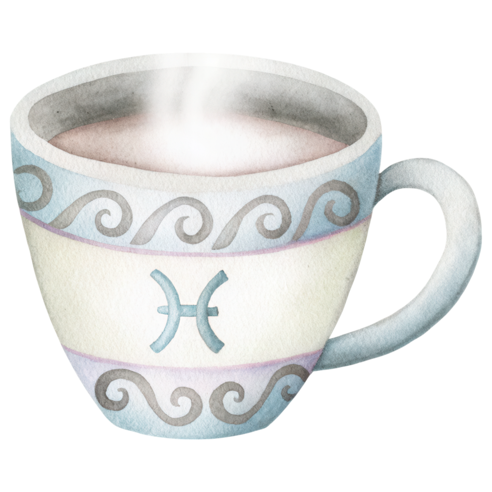 Zodiac Coffee Lovers clipart, cozy coffee cup featuring Pisces zodiac sign in soft mermaid hues png