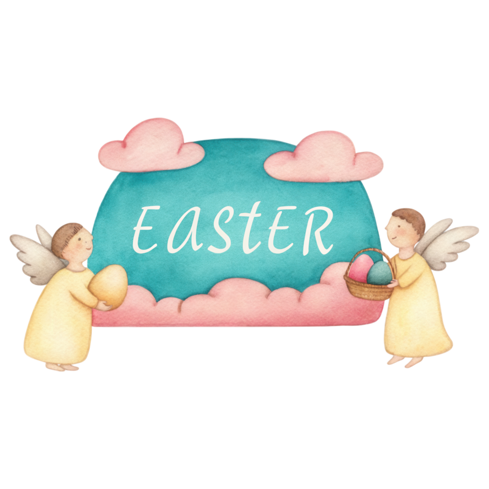 Easter message with angels holding eggs and basket clipart Photo isolated on transparency background png