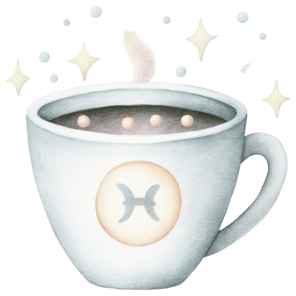 Zodiac Coffee Lovers clipart, magical coffee cup with stars and bubbles, representing Pisces energy png