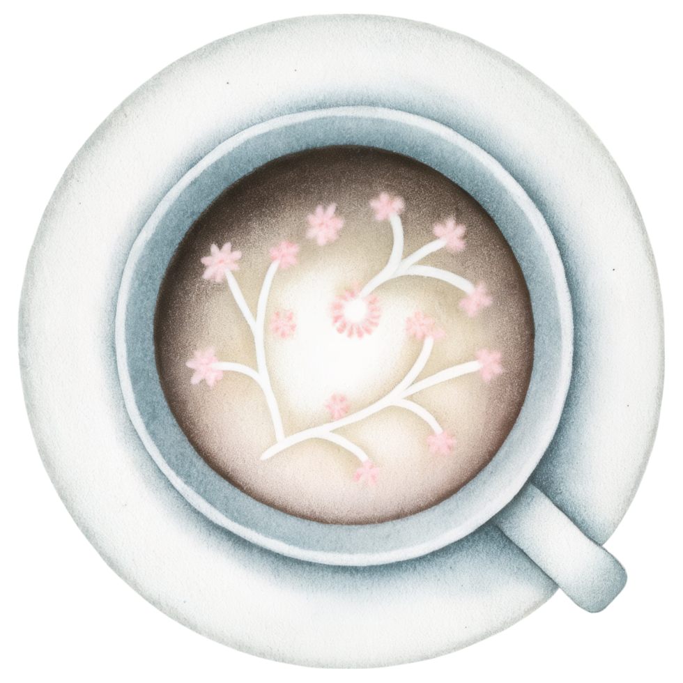 Zodiac Coffee Lovers clipart, Delicate floral latte art in blue cup, creating serene atmosphere png