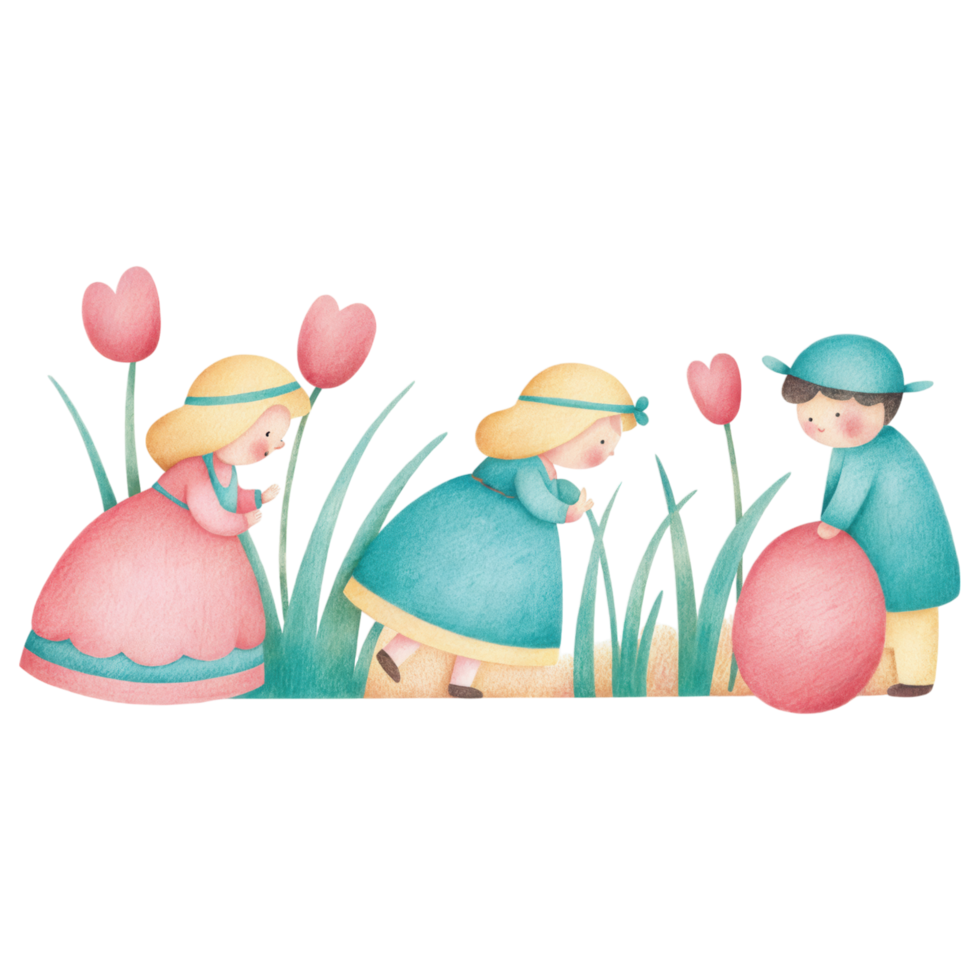 Children hunting for Easter eggs in colorful garden scene. clipart Photo isolated on transparency background png