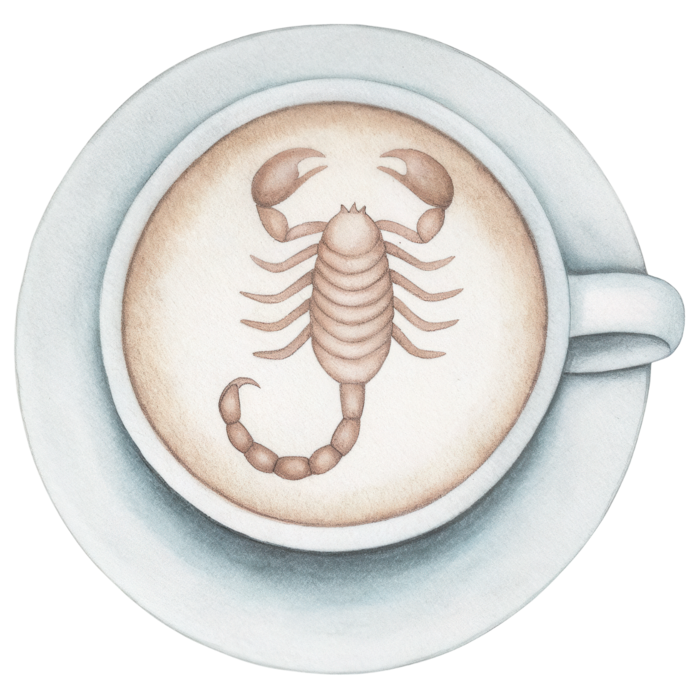 Zodiac Coffee Lovers clipart, Delicate latte art featuring scorpion design on coffee cup png