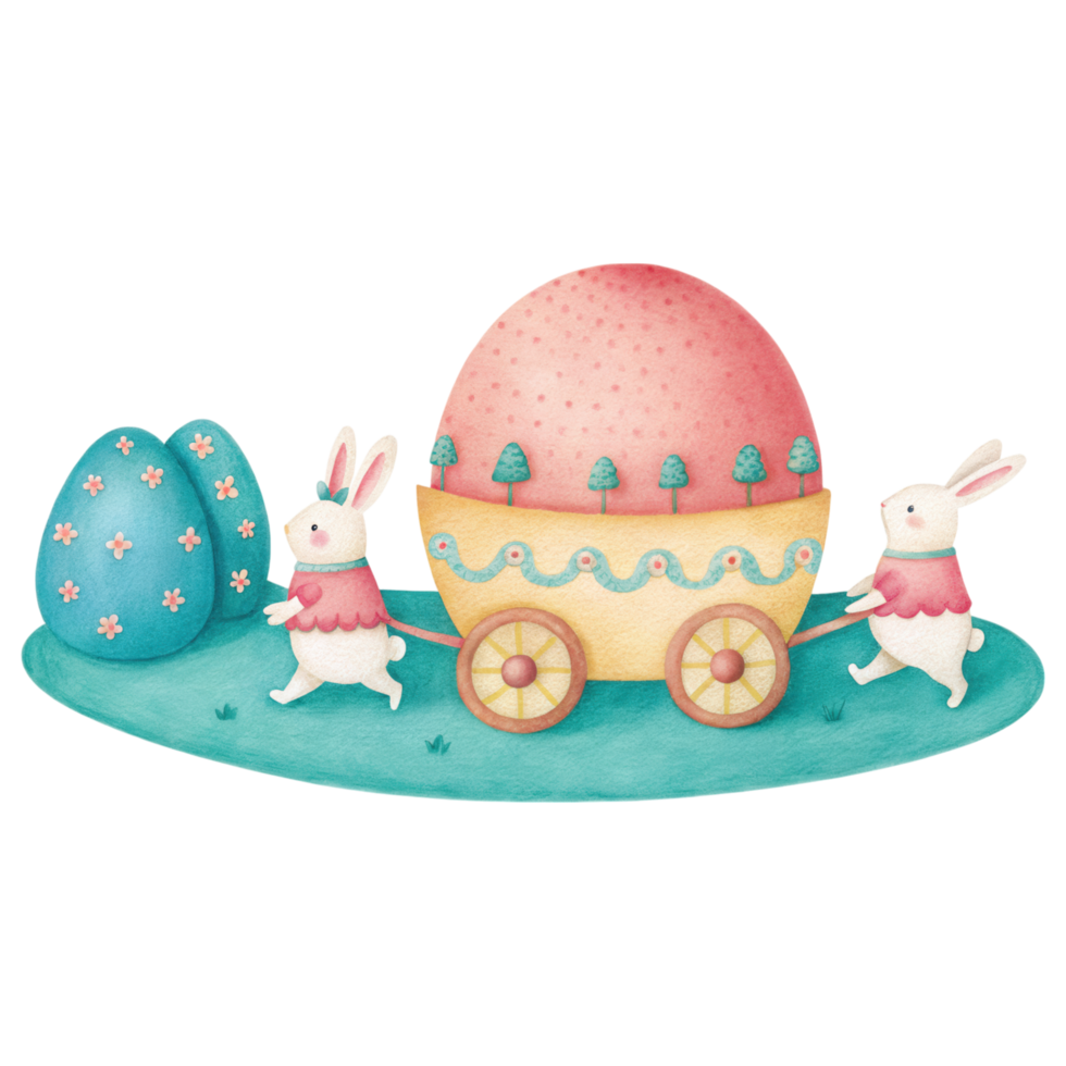 Hand painted Easter egg cart pulled by rabbits on colorful background clipart Photo isolated on transparency background png
