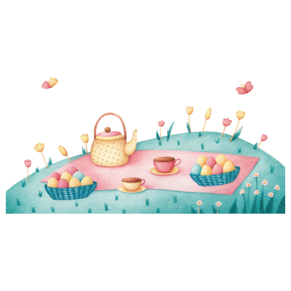 soft watercolor of Easter picnic with tea and colorful eggs clipart Photo isolated on transparency background png