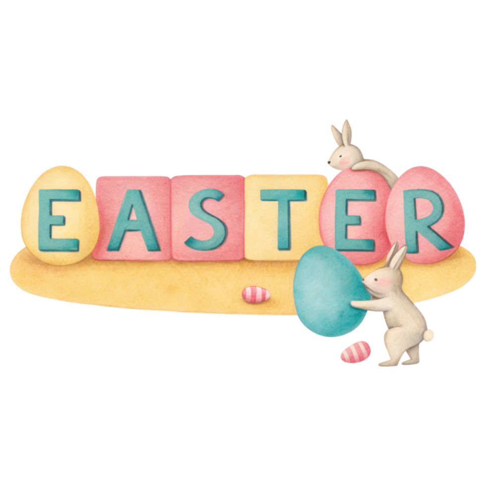 Easter celebration with colorful eggs and playful bunnies clipart Photo isolated on transparency background png