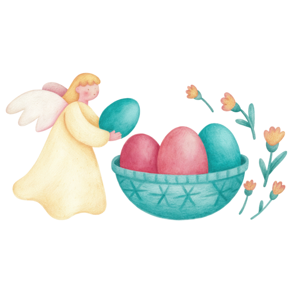 Easter angel holding egg with colorful eggs in basket and flowers clipart Photo isolated on transparency background png