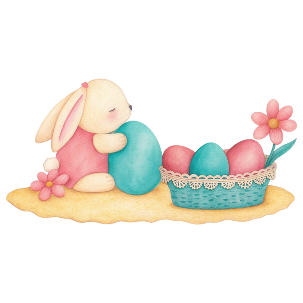 soft pastel drawing of rabbit with colorful eggs and flowers clipart Photo isolated on transparency background png