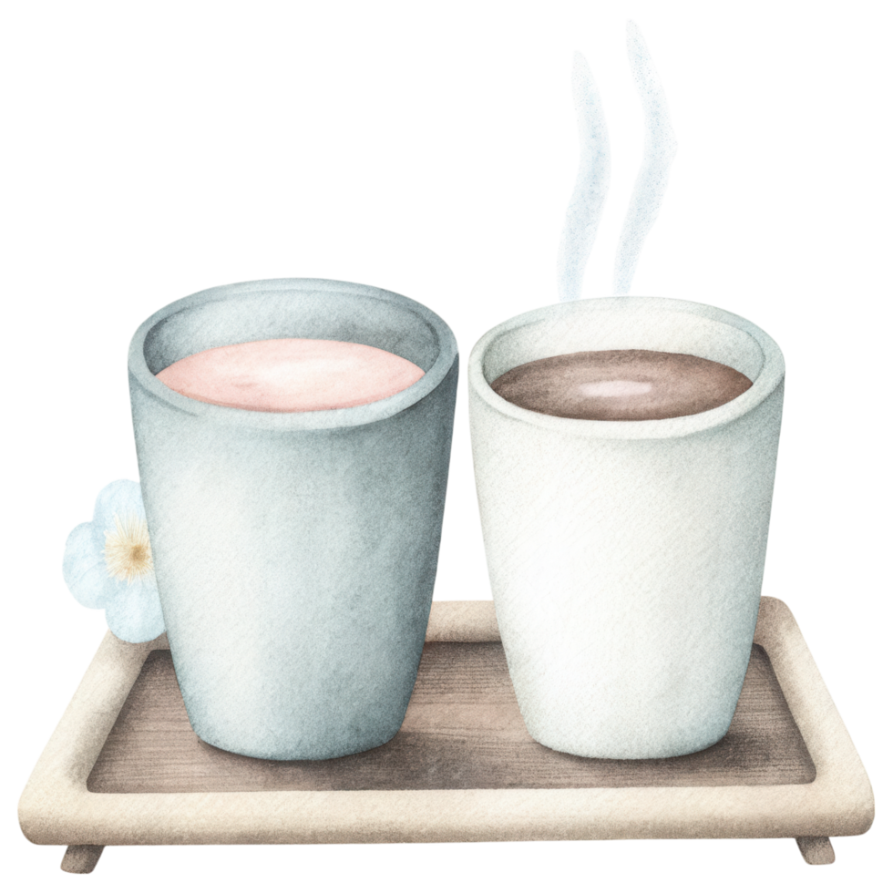 Zodiac Coffee Lovers clipart, Warm and cold beverages on wooden tray with flower accent png
