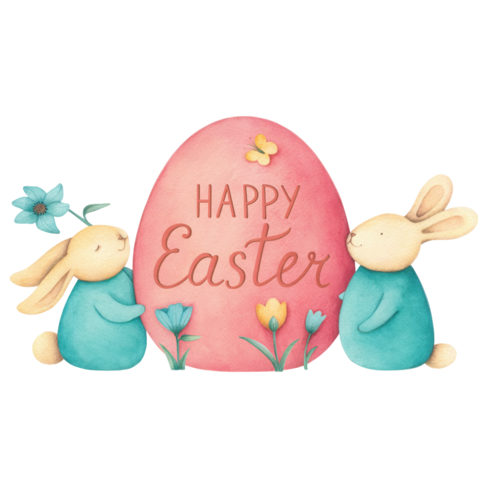 Happy Easter card with bunnies and colorful flowers, cheerful design. clipart Photo isolated on transparency background png