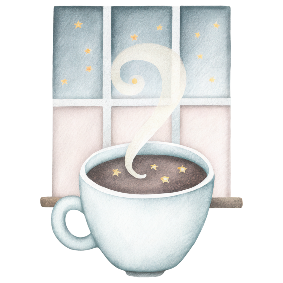Zodiac Coffee Lovers clipart, steaming coffee cup with whimsical swirl of steam and stars, viewed through window png