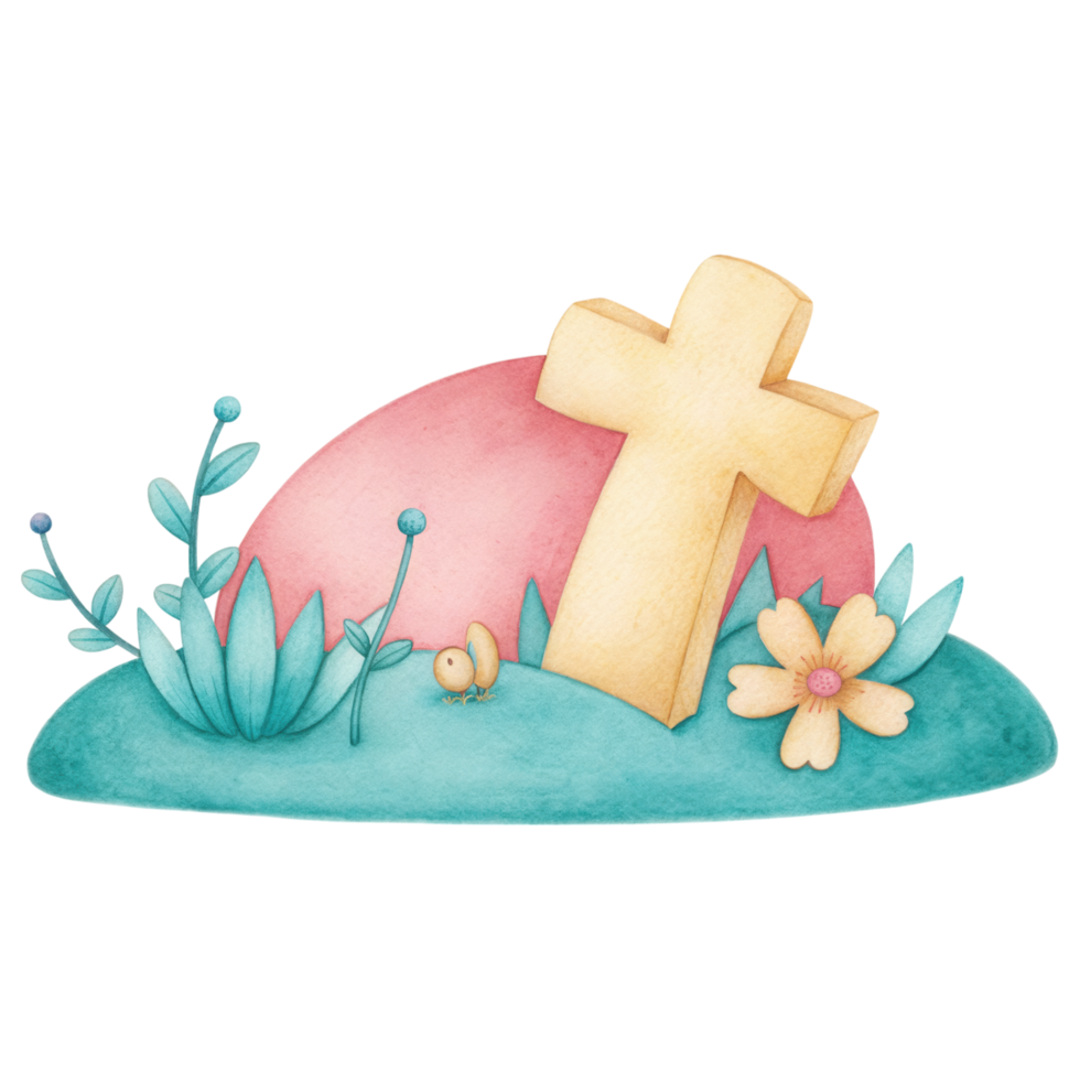 colorful illustration of golden cross surrounded by flowers and greenery clipart Photo isolated on transparency background png