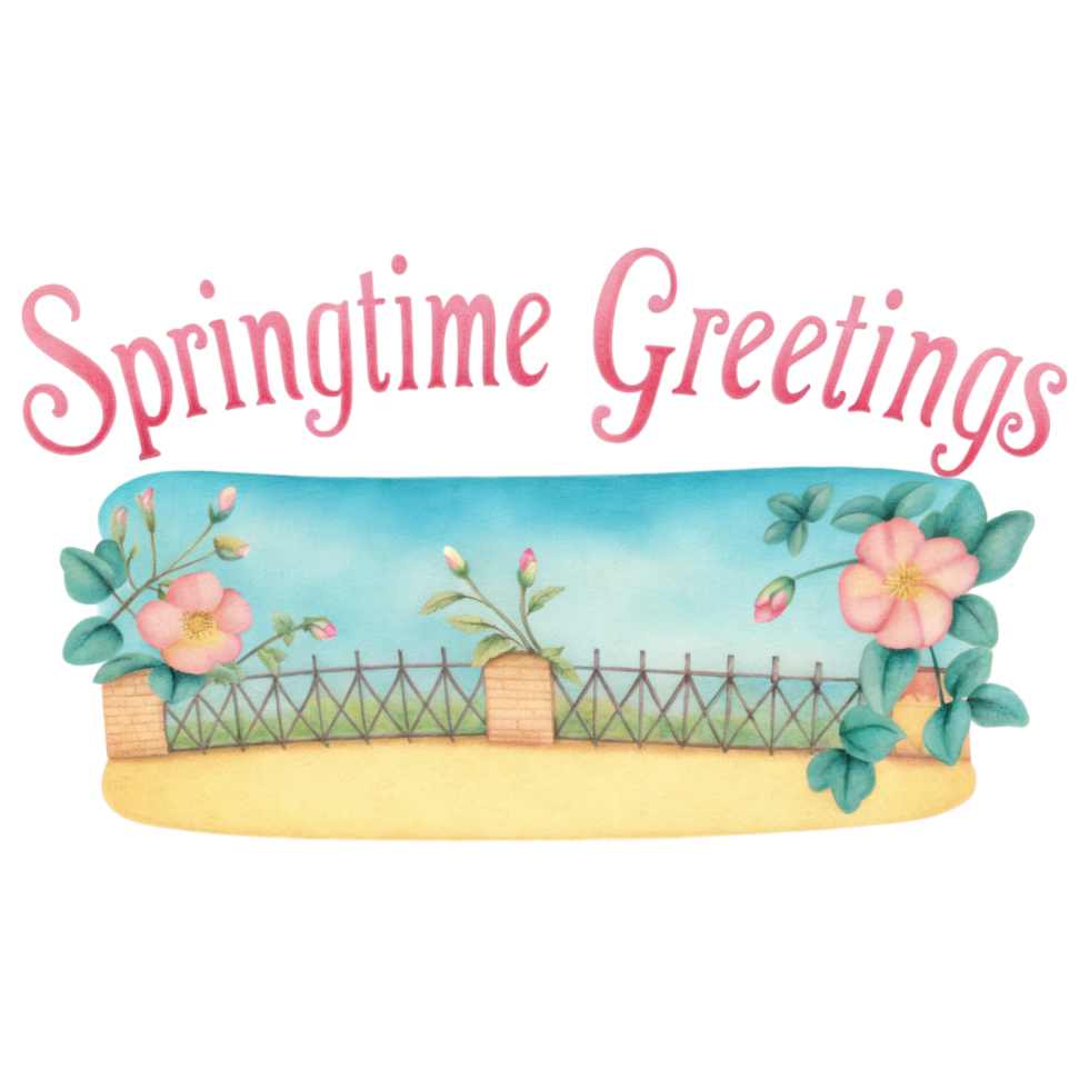Springtime Greetings with flowers and fence in pastel background clipart Photo isolated on transparency background png