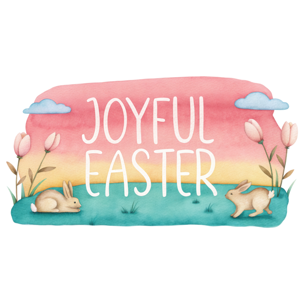 Joyful Easter greeting card with bunnies and flowers in pastel colors clipart Photo isolated on transparency background png