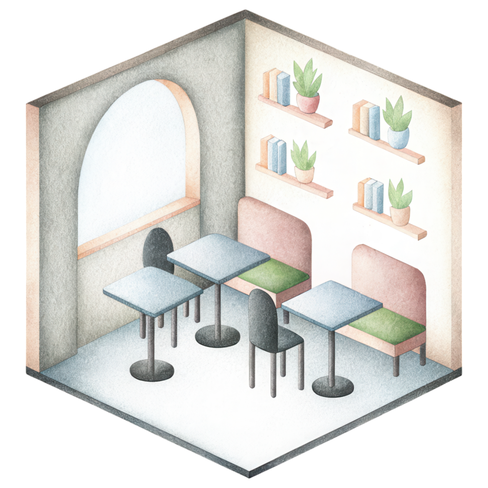 Zodiac Coffee Lovers clipart, Cozy cafe interior with earthy tones, plants, and clean aesthetics png