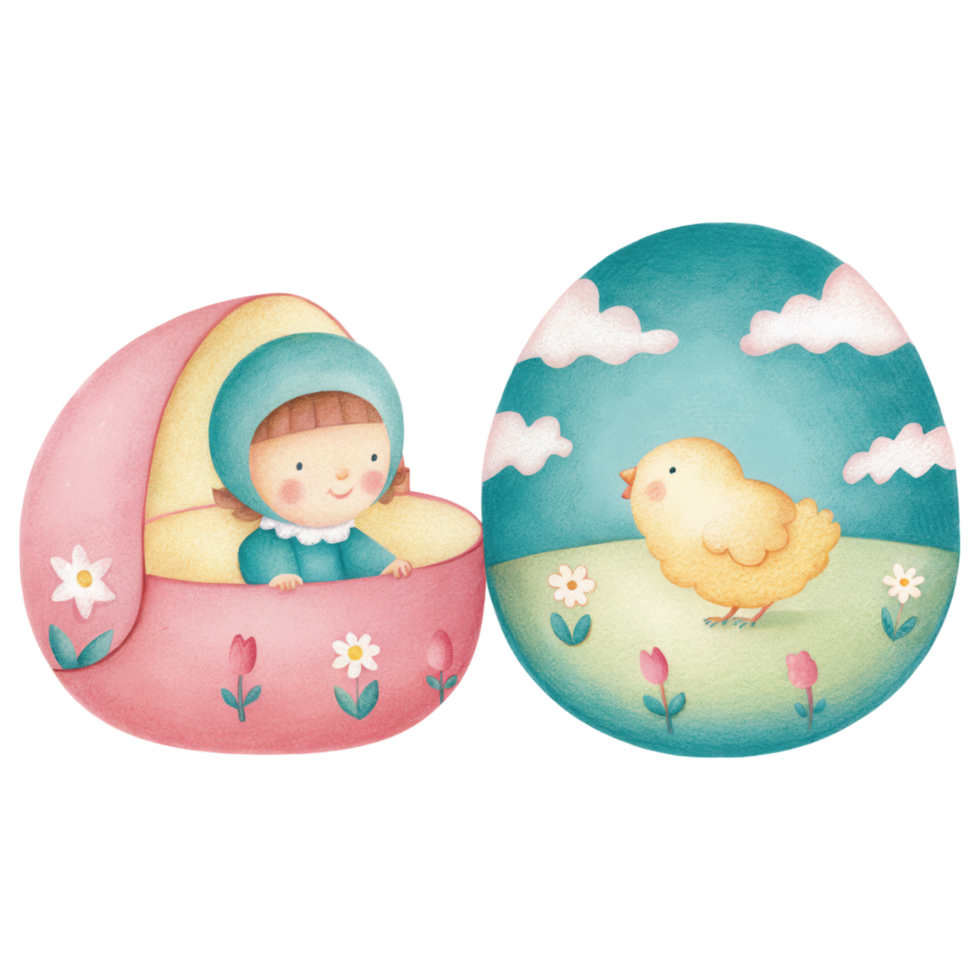 Cute child in egg with chick illustration, perfect for Easter themes. clipart Photo isolated on transparency background png