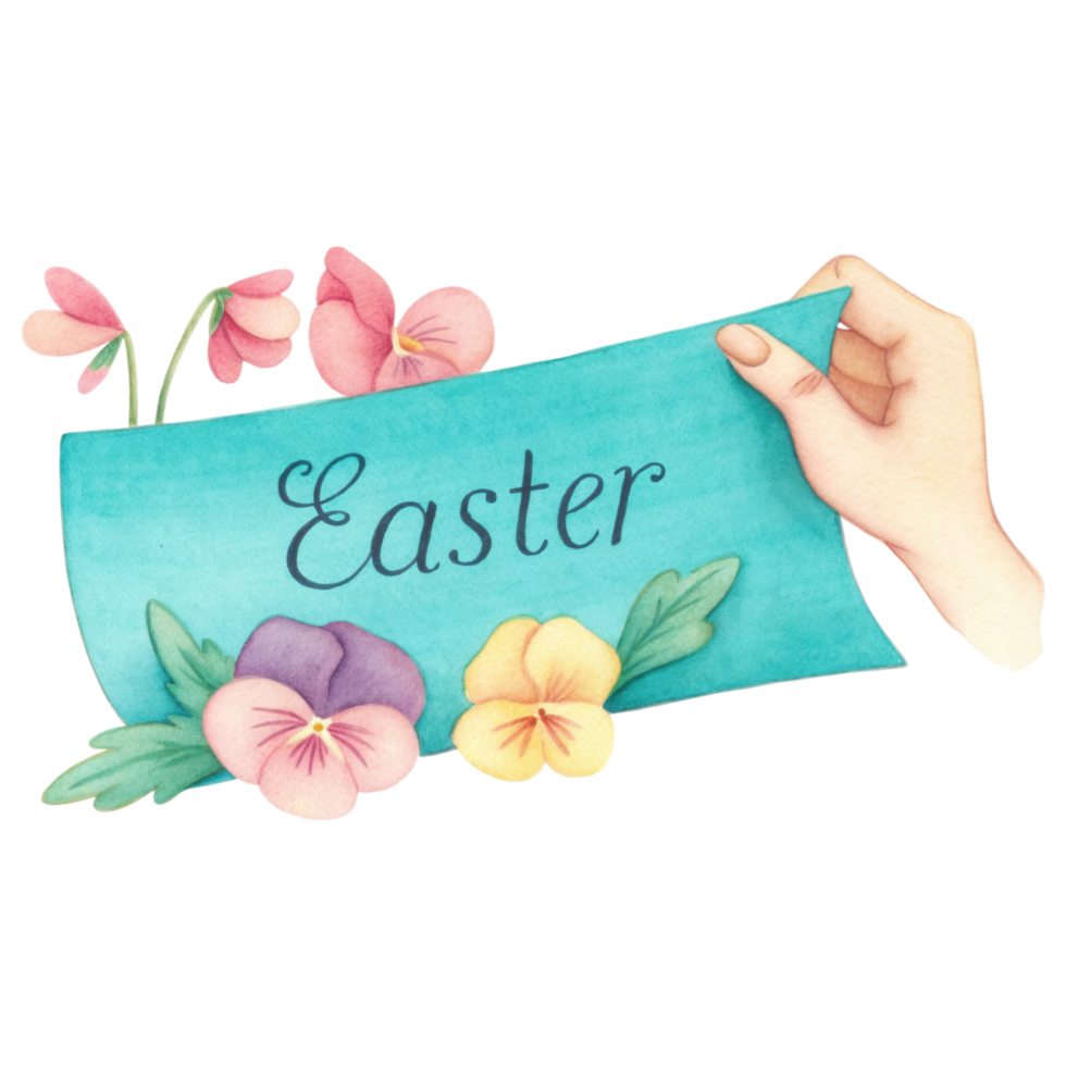 Easter note with watercolor flowers and hand holding banner clipart Photo isolated on transparency background png