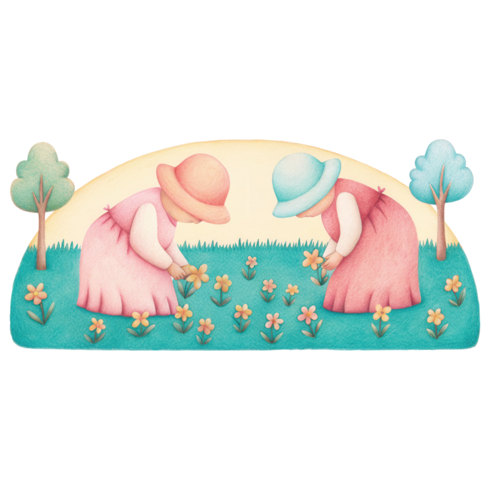 Children picking flowers in colorful, whimsical garden scene. clipart Photo isolated on transparency background png