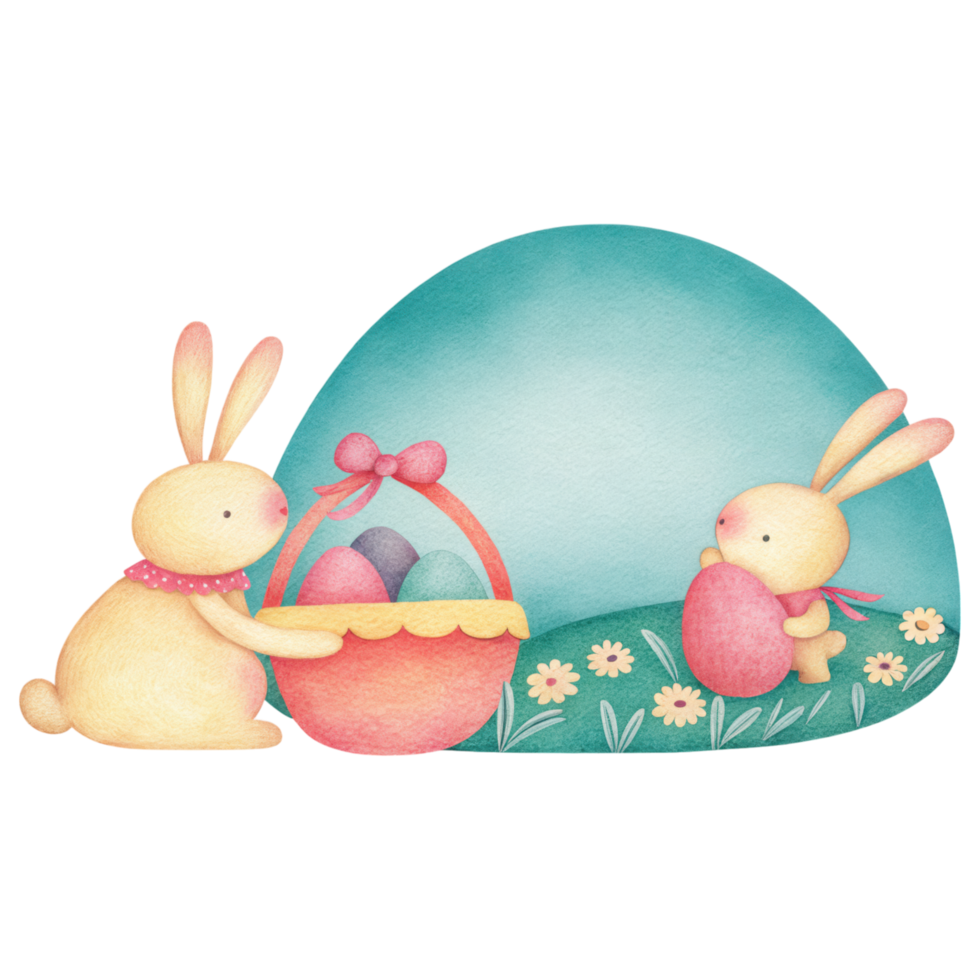 Cute bunnies with pastel colors celebrating Easter with eggs clipart Photo isolated on transparency background png