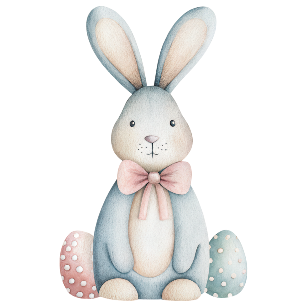 Cute painted wooden bunny figurine with bowtie and pastel eggs. Clipart Photo isolated on transparency background png