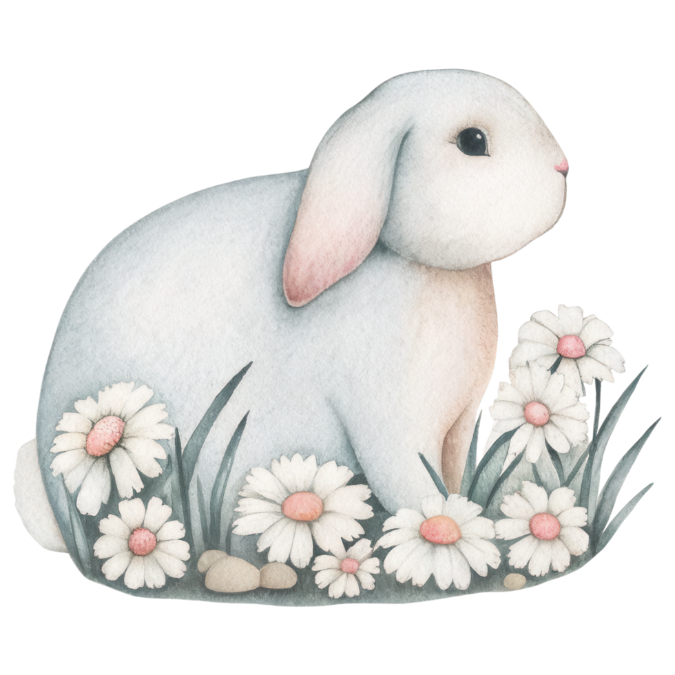 watercolor rabbit sitting among daisies and greenery, evoking serene atmosphere. Clipart Photo isolated on transparency background png
